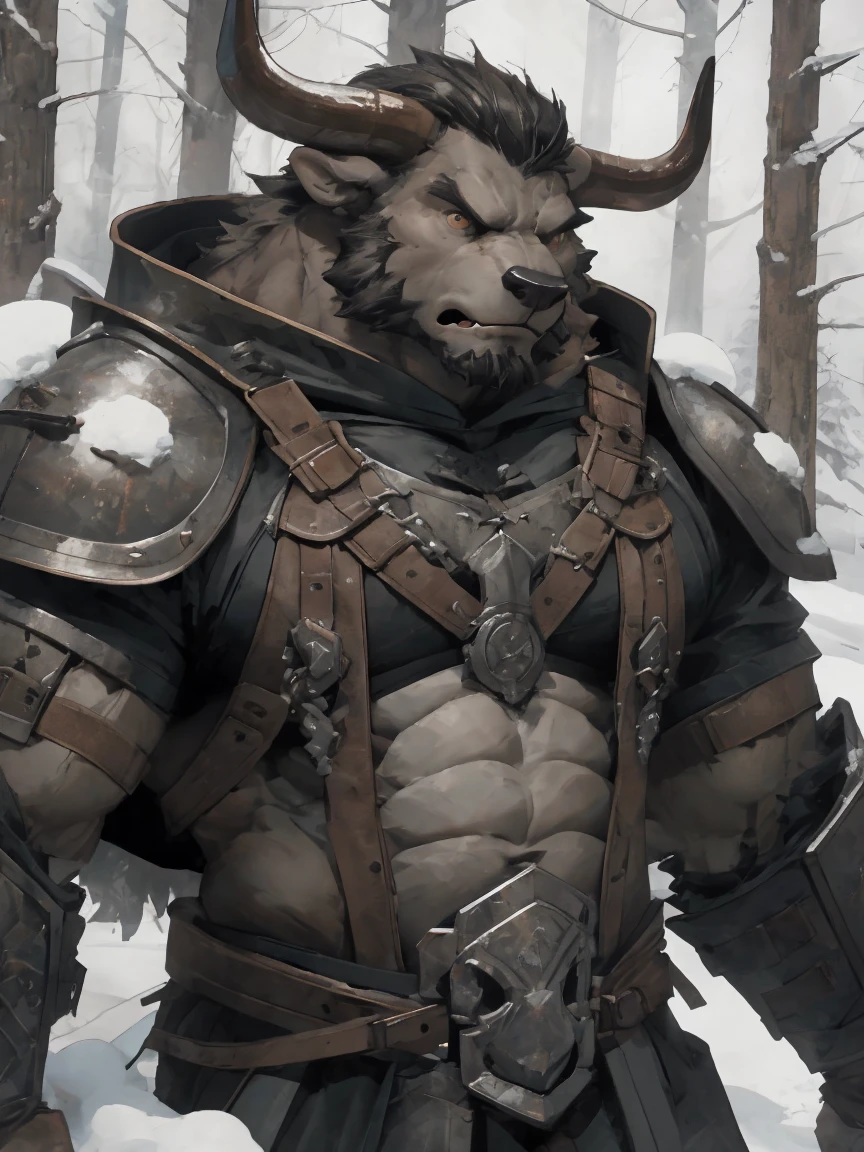 Minotaur, solo, muscular, perfect_eyes, perfect_face, abs, big_chest,wide_body, muscular_arms, winter, snow_forest_background, solo, minotaur, angry, half_body, close_up, manly, man, muscular, brown_horns, big_eyes, orange_eyes, glowing_eyes, bara_body,hyper_muscles, hyper_chest, hyper_muscular_body, huge,forest,snowy_forest, armor_pants, half_body,closeup, medieval_armor ,iron armor,armor,canines, moth_closed, angry,serious, HD, 4k, high_detailed_background
