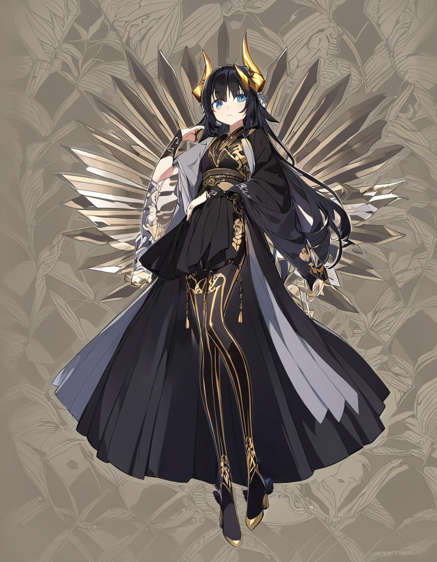 Dragon girl with crystal　golden horn　Black Hair　Full body black
