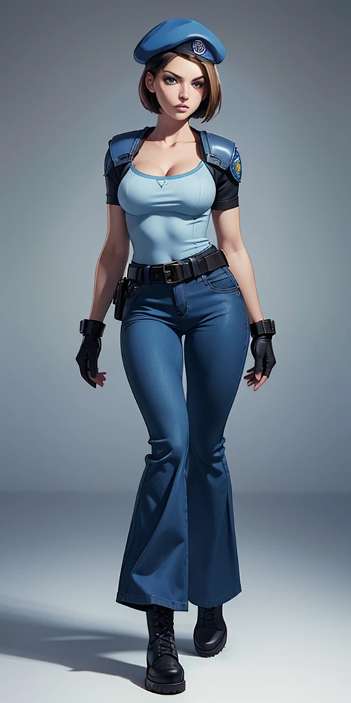 Jill Valentine, masterpiece, best quality, 1girl, solo, standing, jillre1, beret, uniform, shoulder pads, short sleeves, harness, belt, bell-bottom blue pants(Wide flares on pants:1.2), cleavage, black combat boots, full body, perfect blue eyes, perfect red mouth,
