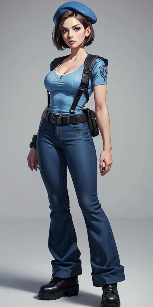 Jill Valentine, masterpiece, best quality, 1girl, solo, standing, jillre1, beret, uniform, shoulder pads, short sleeves, harness, belt, bell-bottom blue pants(Wide flares on pants:1.2), cleavage, black combat boots, full body, perfect blue eyes, perfect red mouth,