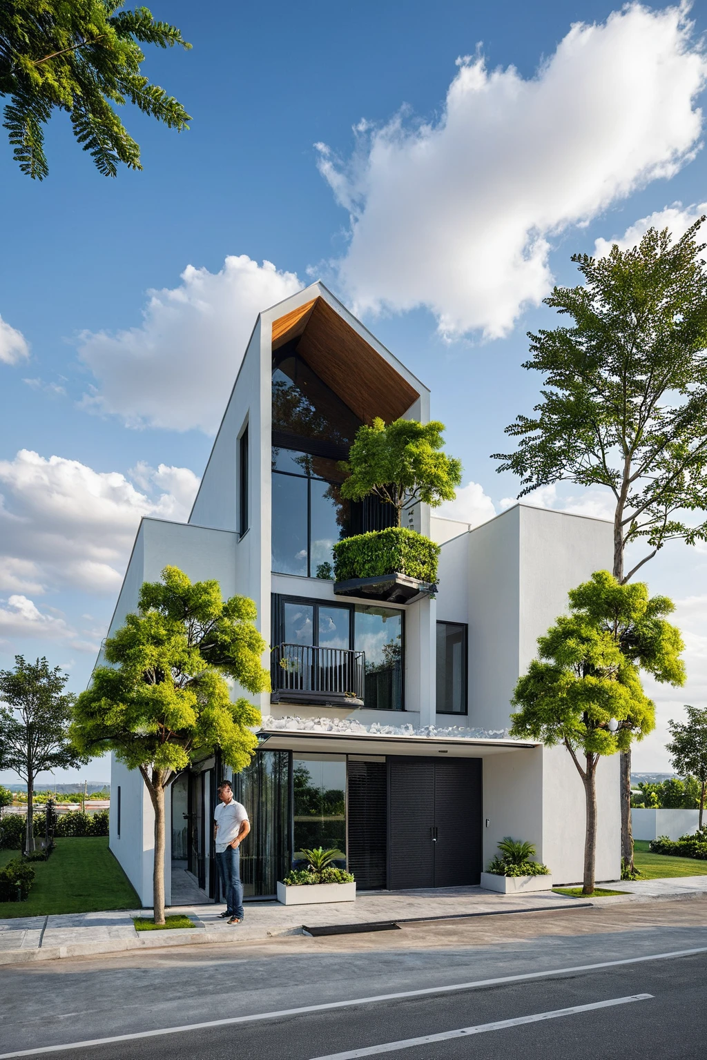 Masterpiece, high quality, best quality, authentic, super detail, outdoors, onestoreyvillaXL, aiaigroup, house style modern on the street ,stairs, white wall ,road,pavement, grass, trees, sky, cloud, (daylight:1.1)
