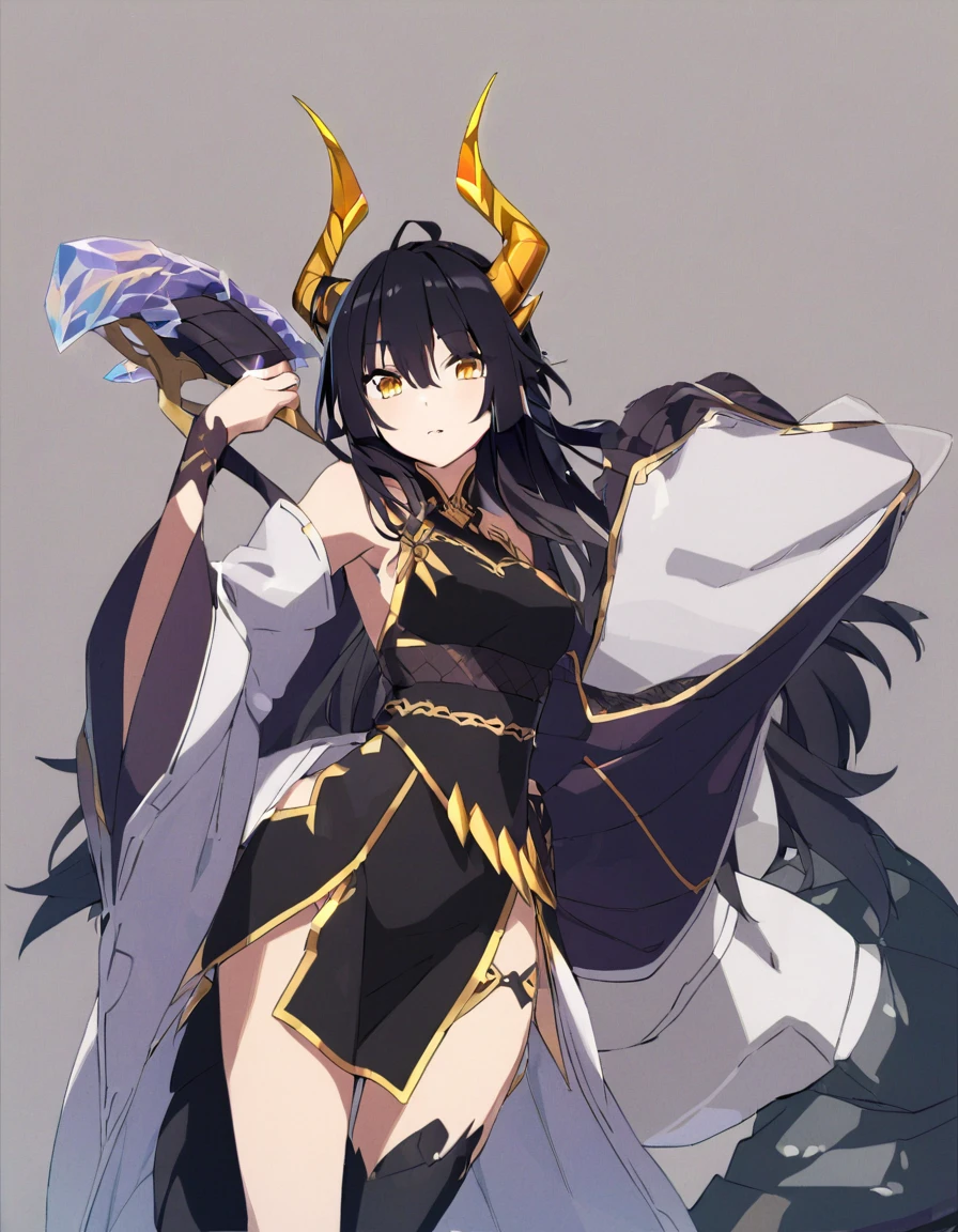 Dragon girl with crystal　golden horn　Black Hair　Dragon's tail