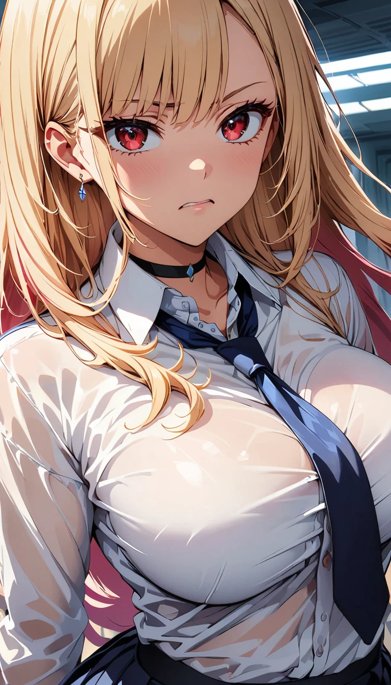 highest quality,wonderful,finely,Very detailedな CG ユニティ 8k 壁紙、(Contemptuous Eyes、Glaring expression:1.4)、train、whole body, Exposing her huge breasts、(Sailor suit), (Random Color、See-through panties:1.5),,(Black Stockings:1.1),(Thighs:1.2),(From below:1.1)、(highest quality:1.2, Anime artwork, Very detailed, High detail, digital coloring, High Contrast, masterpiece:1.2, highest quality, Best aesthetics), (((kitagawa marin, 1 girl))), Blonde Hair, Straight Long Hair, Pink gradient hair, Red eyes, Earrings, White shirt, Black choker, Blue tie, Check skirt, (Lift up the skirt:1.3)