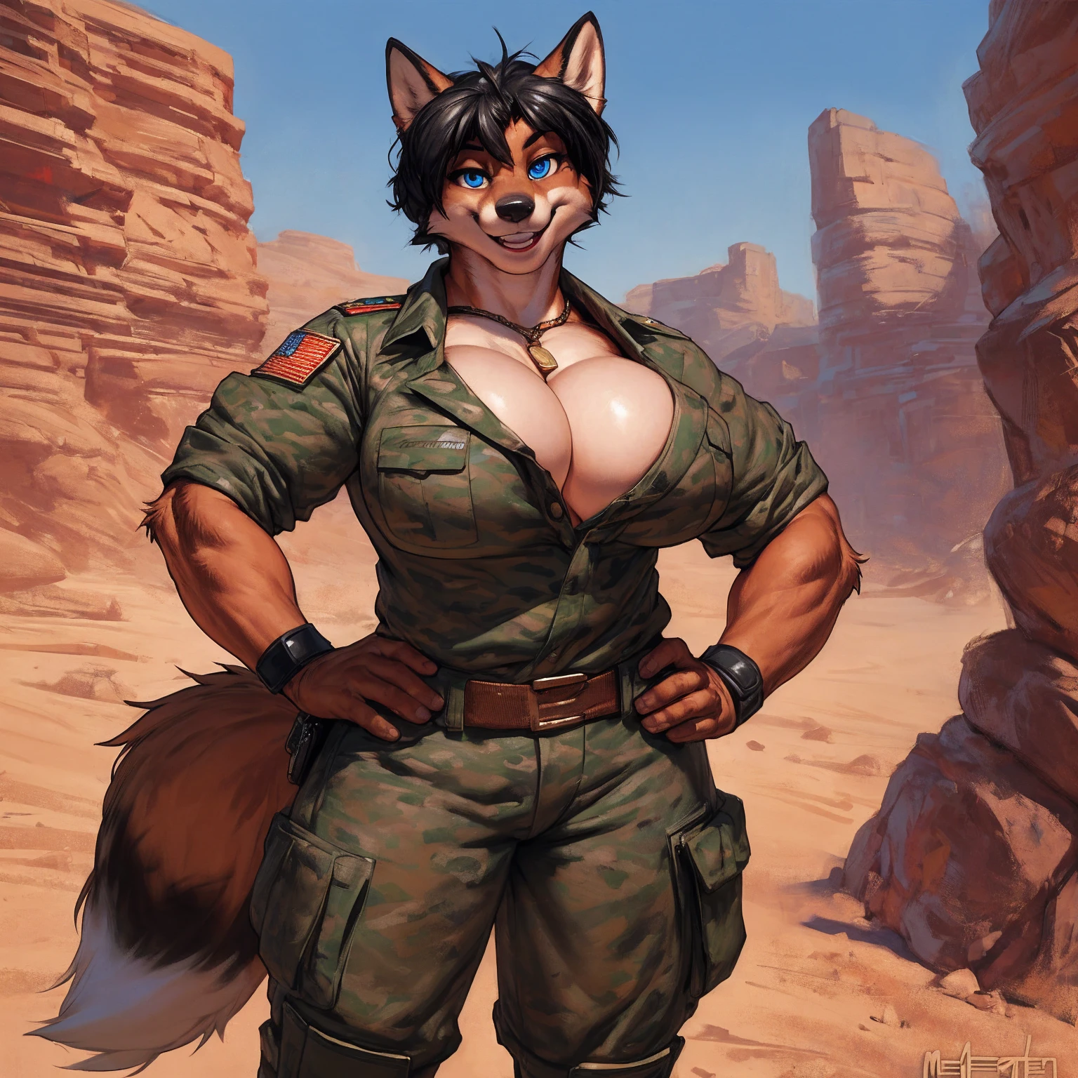 solo, 1girl, red fox, vixen, (female, broad shoulders, stocky build, buff, muscular, large breasts, short hair, black hair, blue eyes, highly detailed eyes, Amazon, powerful figure, beige military fatigues, desert camo, rolled shirt sleeves, cleavage, hands on hips, combat boots, full body, pleasant smile, looking at viewer, by darkgem, by bng, by meesh