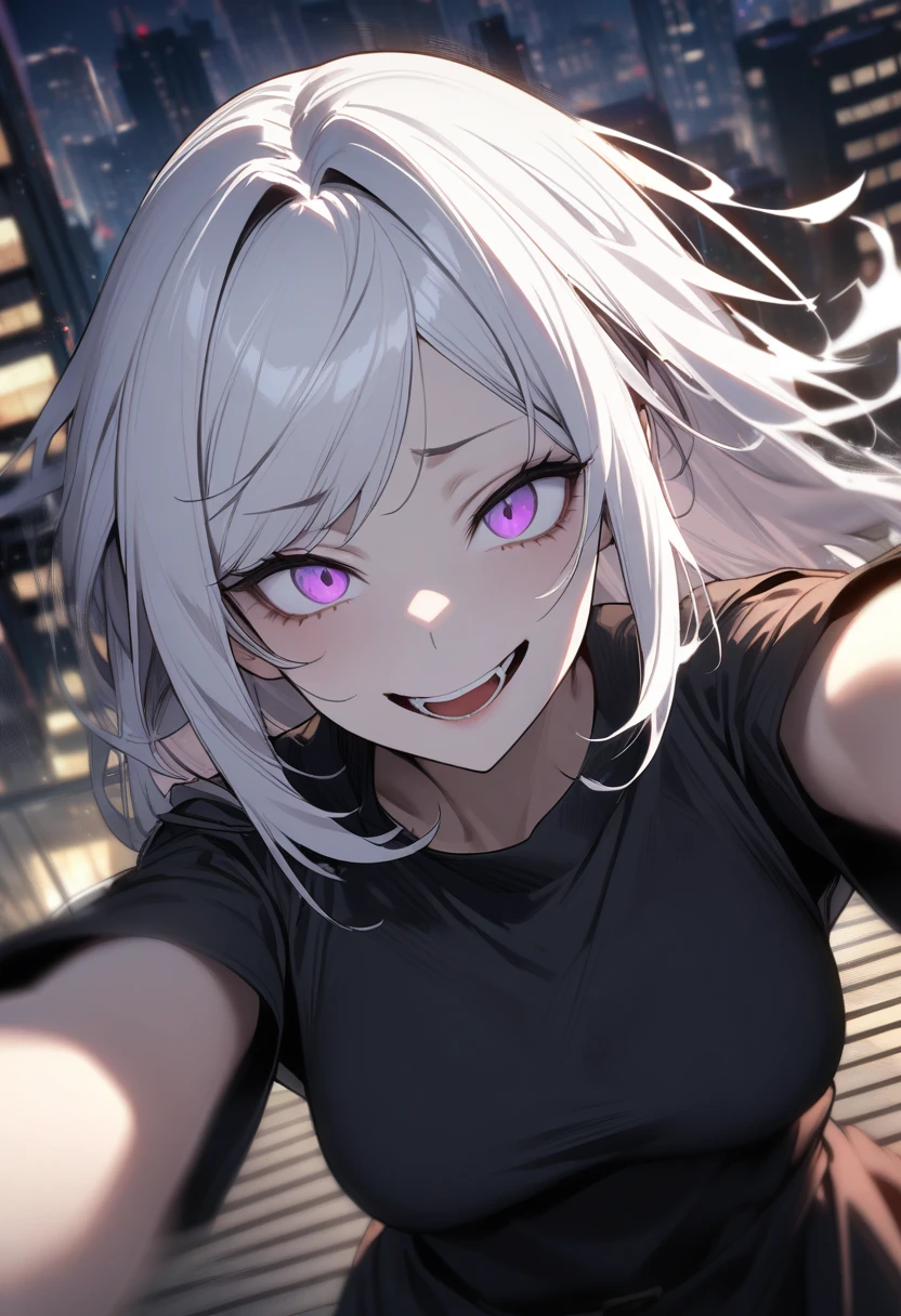1 female, alone, 超skyscraperの屋上に立つ女性, woman taking a Selfie on the roof of a building, (Selfie:1.3), fear, Pale face, Wicked Smile, Disorganized, Strong winds, Motion Blur , Speed Line, skyscraper, high quality, High detail,White Hair,Purple Eyes