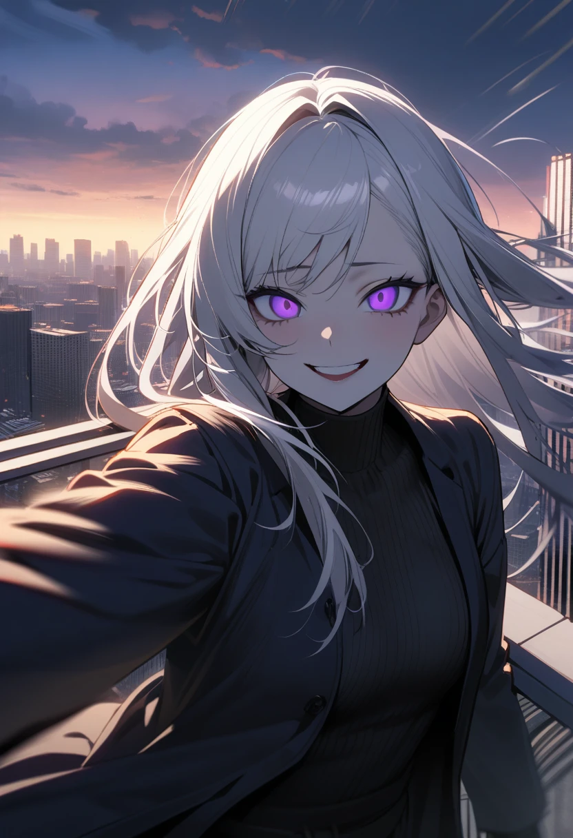 1 female, alone, 超skyscraperの屋上に立つ女性, woman taking a Selfie on the roof of a building, (Selfie:1.3), fear, Pale face, Wicked Smile, Disorganized, Strong winds, Motion Blur , Speed Line, skyscraper, high quality, High detail,White Hair,Purple Eyes
