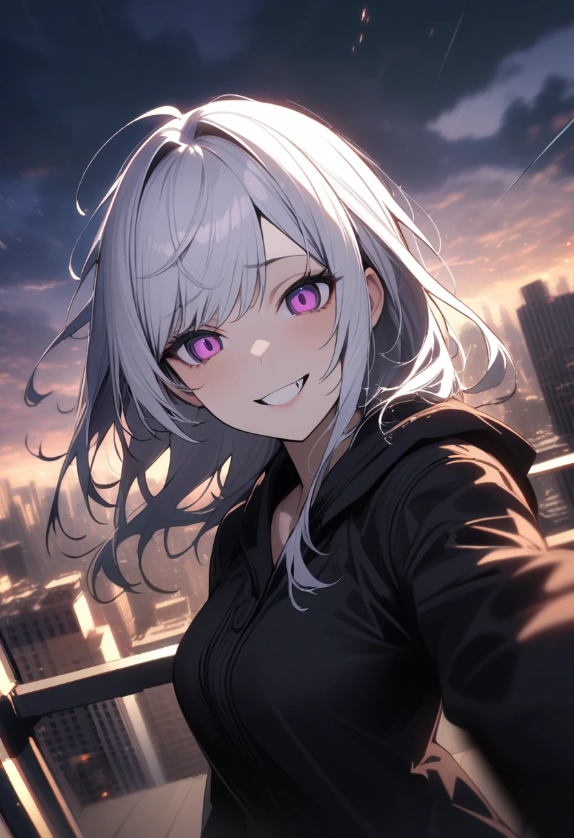 1 female, alone, 超skyscraperの屋上に立つ女性, woman taking a Selfie on the roof of a building, (Selfie:1.3), fear, Pale face, Wicked Smile, Disorganized, Strong winds, Motion Blur , Speed Line, skyscraper, high quality, High detail,White Hair,Purple Eyes