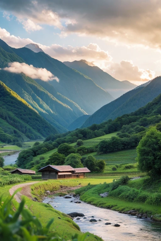 Rural landscape、Mountain、river、Hut、cloud