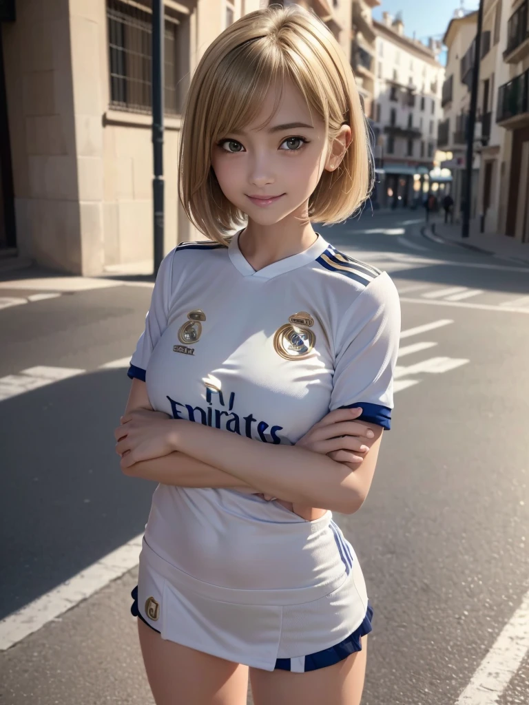 (8k, RAW Photos, highest quality, masterpiece:1.2), (Realistic, photo-Realistic:1.4), (Highly detailed 8K wallpapers), ((Full Body Shot)), (1 girl), Sharp focus, Depth of written boundary, Cinematic lighting, Soft Light, 緻密な美しさのeye, eye_Chan, Very beautiful 17 year old girl, innocent big eyes, Realistic, photo Realistic, Highly detailed cute girl, (Thin thighs), (Model Body Type), (((real madrid soccer jersey))), ((Micro Mini Tight Skirt)), (((Fold your arms in front of your chest and act arrogantly))), ((A happy smile)), Parted lips, Watching the audience, (On the streets of Spain) , (Blonde),(Short Bob Hair), (Asymmetrical bangs)