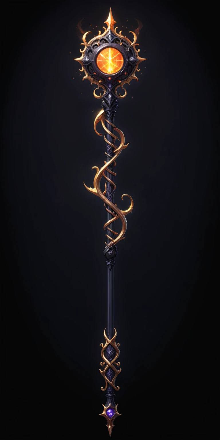 pixel art, cartoon illustration, Divine glavie greatstaff, Powerfull Magical theme, simple black background, RPG game icon 