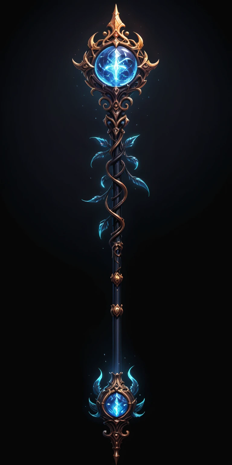 pixel art, cartoon illustration, Divine glavie greatstaff, Powerfull Magical theme, simple black background, RPG game icon