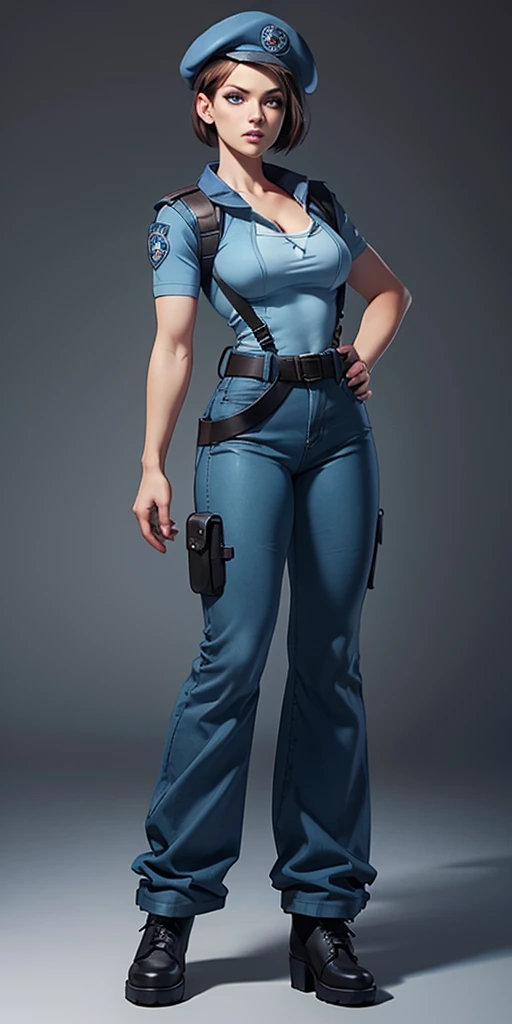 Jill Valentine, masterpiece, best quality, 1girl, solo, standing, jillre1, beret, uniform, shoulder pads, short sleeves, harness, belt, bell-bottom blue pants(Wide flares on pants:1.2), , black combat boots, full body, perfect blue eyes, perfect red mouth,