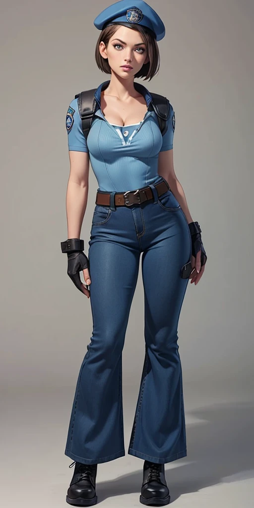 Jill Valentine, masterpiece, best quality, 1girl, solo, standing, jillre1, beret, uniform, shoulder pads, short sleeves, harness, belt, bell-bottom blue pants(Wide flares on pants:1.2), cleavage, black combat boots, full body, perfect blue eyes, perfect red mouth,