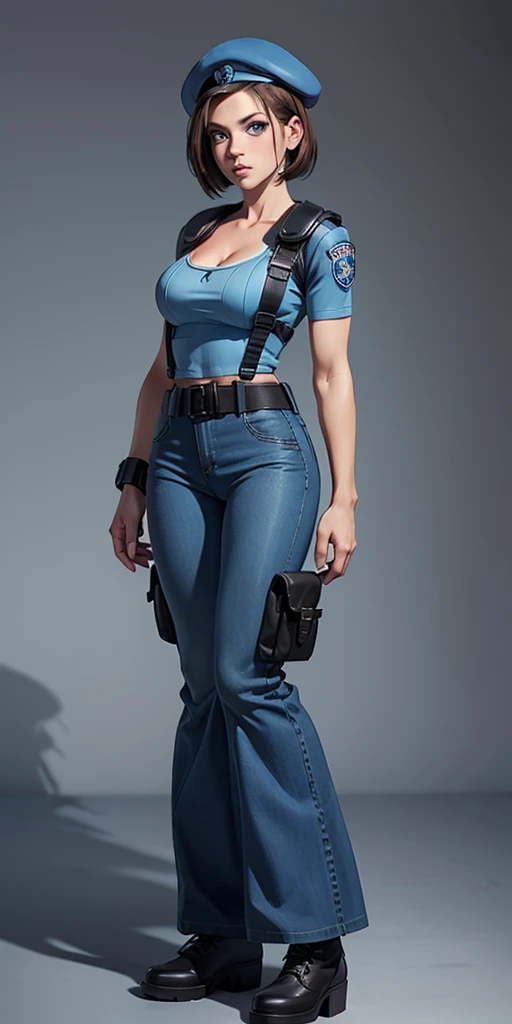 Jill Valentine, masterpiece, best quality, 1girl, solo, standing, jillre1, beret, uniform, shoulder pads, short sleeves, harness, belt, bell-bottom blue pants(Wide flares on pants:1.2), cleavage, black combat boots, full body, perfect blue eyes, perfect red mouth,