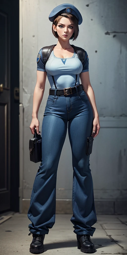 Jill Valentine, masterpiece, best quality, 1girl, solo, standing, jillre1, beret, uniform, shoulder pads, short sleeves, harness, belt, bell-bottom blue pants(Wide flares on pants:1.2), cleavage, black combat boots, full body, perfect blue eyes, perfect red mouth,