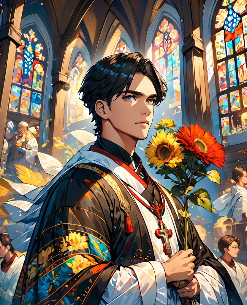 pastor masculino, Martin Luther, bata negra con detalles dorados y turquesa, joven, caballero guapo, Pelo negro con pocas canas,ojos turquesa, mirada coqueta, collar con una cruz, religion, Iglesia en el fondo, dramatic lighting, film angle, Ultra High Definition, obra maestra, Muy detallado, sin personas de fondo, ventanales