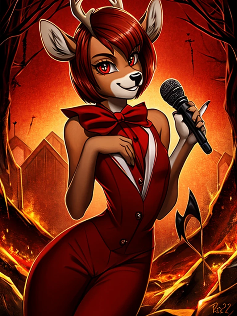  (best quality, masterpiece:1), solo, furry male, androgynous, anthro, read eyes, short hair, red hair, bob haircut, portrait, looking at viewer, deer,  creepy, scary, powerful, spooky, deer, male, face focus, thin body, thin waist, large shoulders, red suit, bow tie, red color scheme, hell, demon, radios, 1930's, 1930's style, 1930's style outfit, holding a red old microphone, (smile), (large smile), full body, karen haircut, graduated bob haircut, longer hair in the front shorter in the back