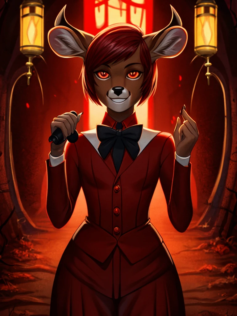  (best quality, masterpiece:1), solo, furry male, androgynous, anthro, read eyes, short hair, red hair, bob haircut, portrait, looking at viewer, deer,  creepy, scary, powerful, spooky, deer, male, face focus, thin body, thin waist, large shoulders, red suit, bow tie, red color scheme, hell, demon, radios, 1930's, 1930's style, 1930's style outfit, holding a red old microphone, (smile), (large smile), full body, karen haircut, graduated bob haircut, longer hair in the front shorter in the back