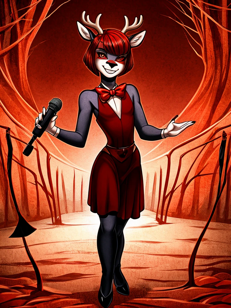  (best quality, masterpiece:1), solo, furry male, androgynous, anthro, read eyes, short hair, red hair, bob haircut, portrait, looking at viewer, deer,  creepy, scary, powerful, spooky, deer, male, face focus, thin body, thin waist, large shoulders, red suit, bow tie, red color scheme, hell, demon, radios, 1930's, 1930's style, 1930's style outfit, holding a red old microphone, (smile), (large smile), full body, karen haircut, graduated bob haircut, longer hair in the front shorter in the back