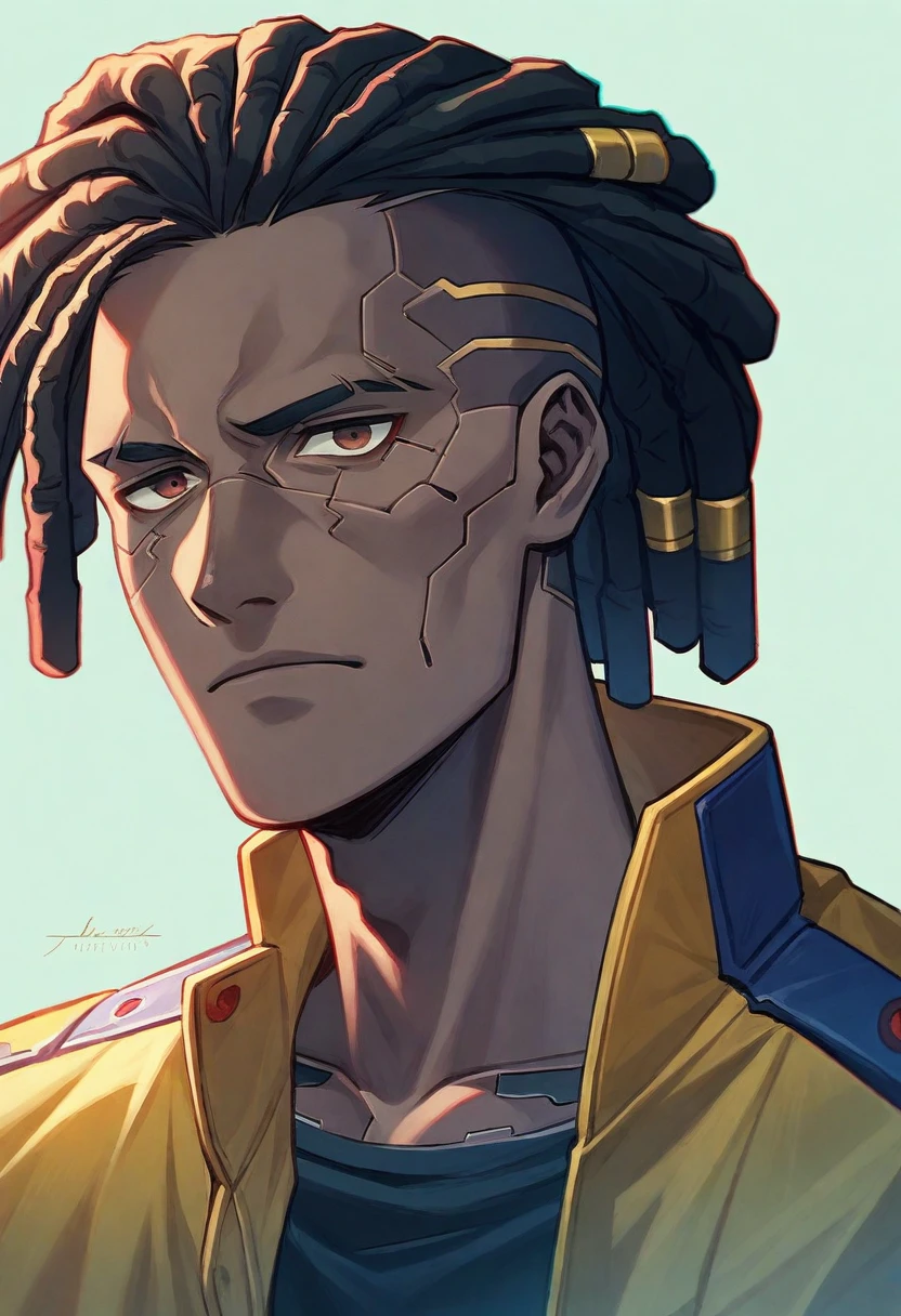 (Best quality, masterpiece, anime style, full of details), 1male, official anime art illustration, African American Male with dark brown eyes, a imagine of a man with a Cybergoth mask on his face, ((red)) baggy eyes, black and red dreadlocks, semi-realistic cyberpunk style, portrait of a cyberpunk man, cyberpunk art ultrarealistic 8k, cyberpunk style , hyperrealistic, cyberpunk character, trendin on artstation, cinematic full character, trending on artstation 4k, portrait of a cyberpunk cyborg, cinematic realistic portrait, cyberpunk hero perfectly photorealistic, incredibly detailed, 8k, UHD, masterpiece, best quality, ultra detailed, intricate,