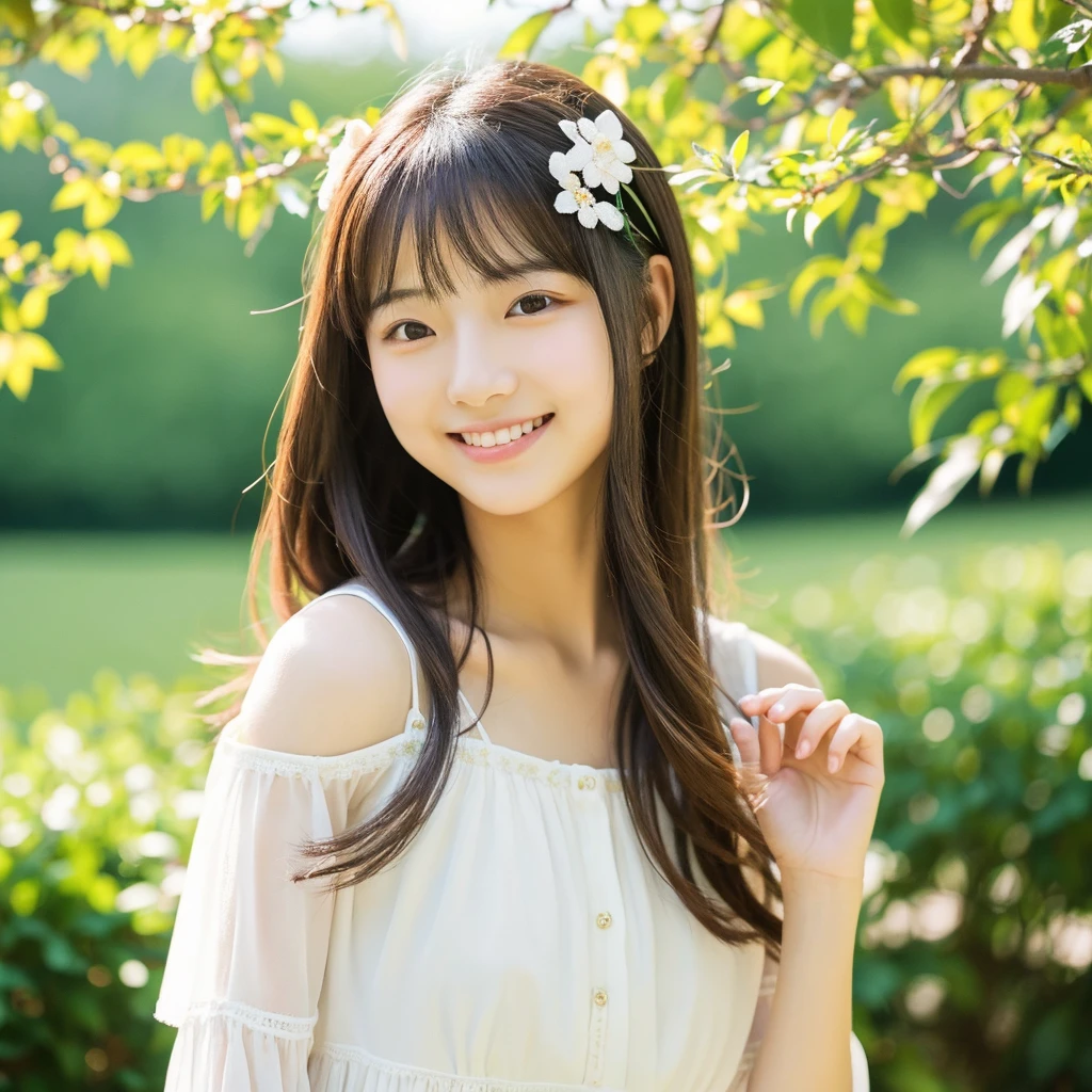 Image of a young Japanese woman around 20 years old, women are美しく, Flowing hair。Suitable for early summer、She wears a subtle hair accessory。A kind smile, Holding a beautiful bouquet. A beautiful outdoor setting with a green background is preferable, sunny day. women are、While maintaining a warm and friendly expression、A little more mature appearance。. Make sure the lighting and colors are soft and natural, Her youth々Emphasizes the beauty of a mature woman. High quality、high resolution、Attention to detail。