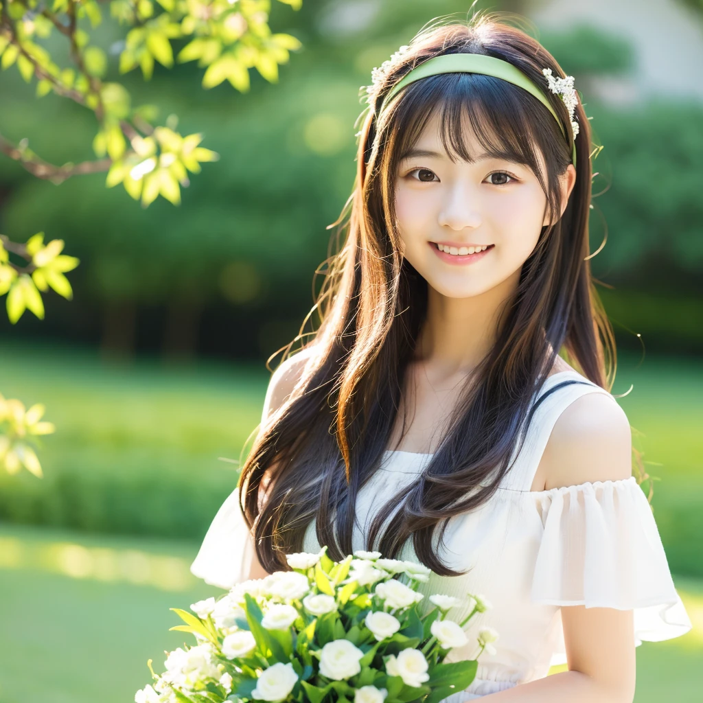 Image of a young Japanese woman around 20 years old, women are美しく, Flowing hair。Suitable for early summer、She wears a subtle hair accessory。A kind smile, Holding a beautiful bouquet. A beautiful outdoor setting with a green background is preferable, sunny day. women are、While maintaining a warm and friendly expression、A little more mature appearance。. Make sure the lighting and colors are soft and natural, Her youth々Emphasizes the beauty of a mature woman. High quality、high resolution、Attention to detail。