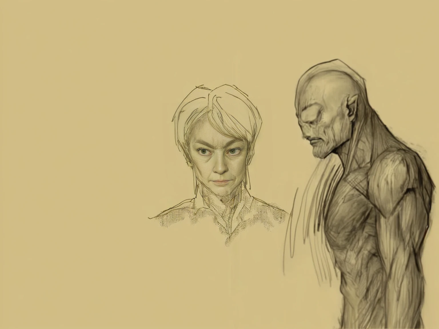 A painting,A man and a woman stand side by side in the painting, artistic, Comic character design, unrealistic character concept, character study, figure painting, Character design sketch, realistic character concept, comic concept art, Gollum becomes a giant, facial studies, Old Sketch, Guyville style, Concept Character, Character design human figure,On the left is an adult human male,Looks honest