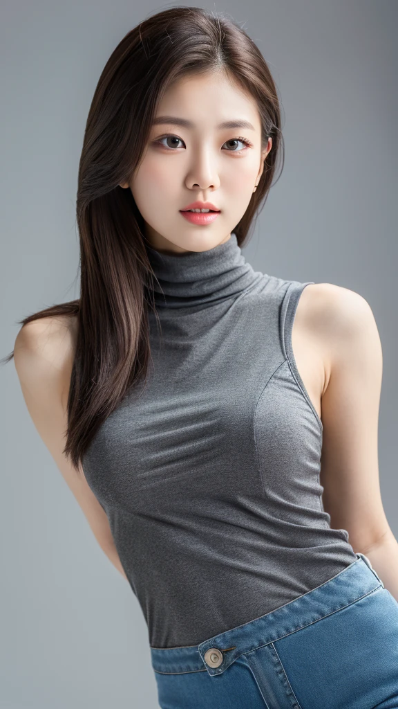 (Detailed face),((Are standing)),chest,cute,Sleeveless and(turtleneck)White silky clothes,4K,Ultra-high resolution,(Photorealistic:1.7),Gray background,Long Hair,