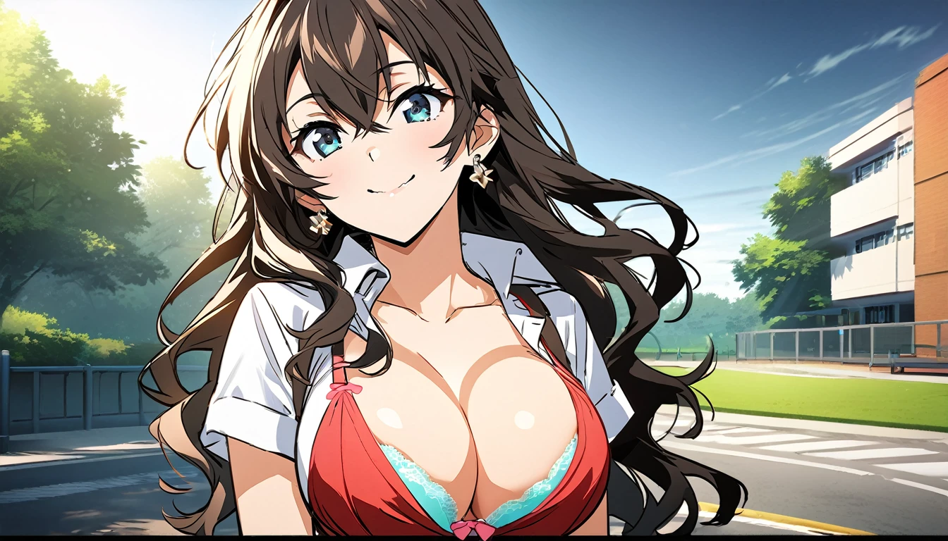 (best quality:1.5, highres, UHD, 4K, detailed lighting, shaders), Rsndom color and wavy hair, gyaru, large breasts, short sleeve , cleavage, unbuttoned shirt, bra, sexy, skirt, (pov, close shot), earrings, smiling, standing, classroom background (masterpiece, best quality, hi res:1.2), 1girl, (solo:1.2), pklacey, detailed skin, street, park, trees, grass, backlessclothes, backless dress,  close-up portrait of an anime heroine full of confidence and mischief of the background of character selection of a group of anime girls with eyes of different colors, kantai collection style, full body, kantai collection gallery, arte oficialwork, carril, arte oficial, chicas de primera linea style, clear and sharp rpg portrait, character selection portrait, Also, 8K!!, Ilustraciones oficiales del anime., chicas de primera linea cg, finos detalles.