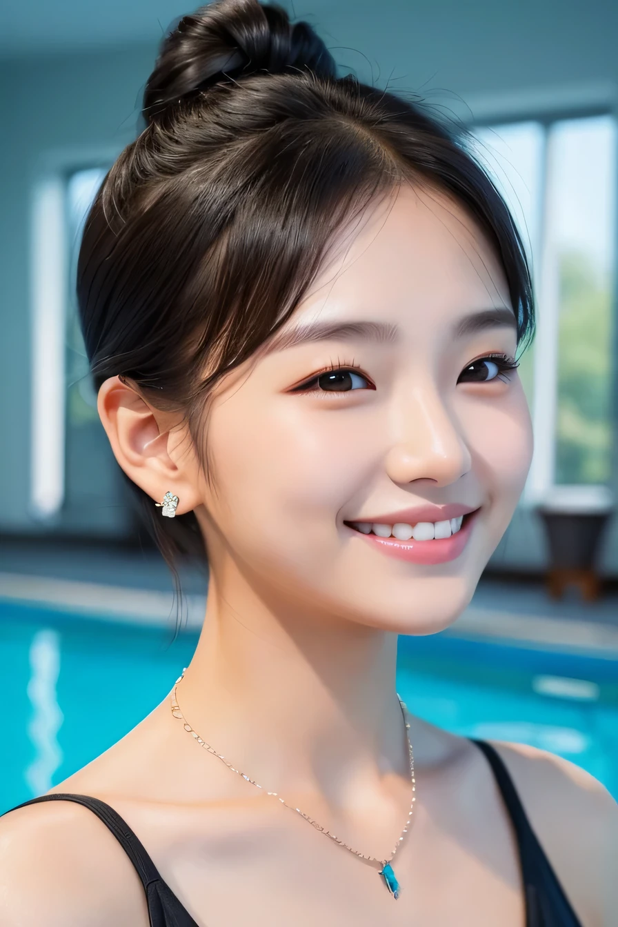 Beautiful Young Woman of the Year、 Korean women、Black Hair、Necklace around the neck、Woman in swimsuit、Hairstyle bun、smile, Beautiful teeth alignment、Intricate details, Very detailed:1.2), 、 Looking into the camera,background is indoor pool、ear piercing 、ear piercing