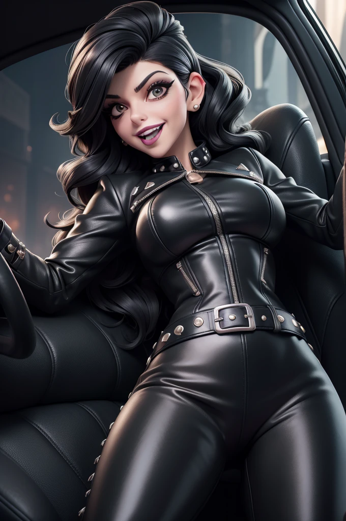 obra prima, melhor qualidade, (marisa tomei vamp 70yo face wrinkles) head back, sassy wicked girl, big toothy smile, open mouth, (shiny fat black lipstick,) thick smoky black eye shadow, long fake eyelashes, ((raven black beehive hair,)) leather biker jacket, leather pants with studs zippers snaps, nipples, metallic leather outfit, shiny leather gloves, body is skinny, reclining in car seat, arched back, hips twisted, overhead camera view, looking down at me, shallow depth of field, highres, HD, 8k, anatomically correct