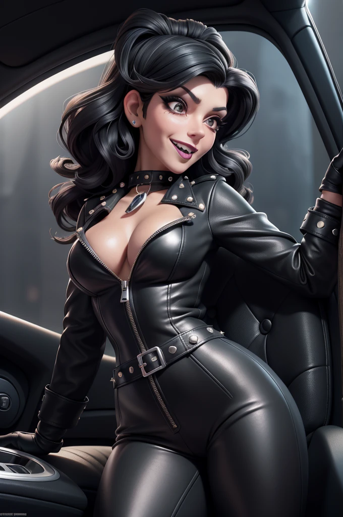 obra prima, melhor qualidade, (marisa tomei vamp 70yo face wrinkles) head back, sassy wicked girl, big toothy smile, open mouth, (shiny fat black lipstick,) thick smoky black eye shadow, long fake eyelashes, ((raven black beehive hair,)) leather biker jacket, leather pants with studs zippers snaps, nipples, metallic leather outfit, shiny leather gloves, body is skinny, reclining in car seat, arched back, hips twisted, overhead camera view, looking down at me, shallow depth of field, highres, HD, 8k, anatomically correct