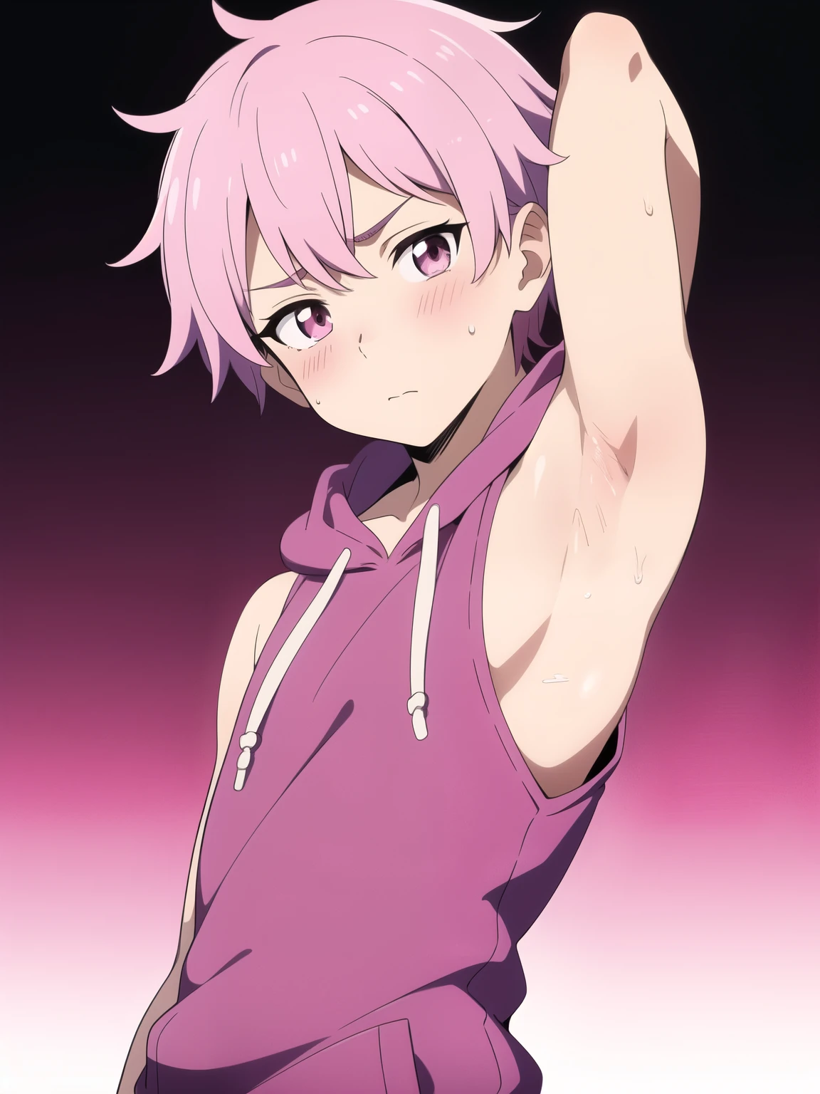 Highres, Masterpiece, Best quality at best,Best Quality,hight quality, hight detailed, Anime style, 1boy, Shota, boy, Solo, Pink hoodie, Sleeveless hoodie, Seen from the front, look at viewer, body, pink eye, Fluffy hair, (Very young boy), (Very small and short body), -yeld bo Such a cute smooth armpit, Focus on the armpit, Pink armpit, Cute armpit, Sexy armpit, Blush armpits, seductive pose, a Boy cutely shows his armpit, hansome boy, shiny skin, Uhd, 4k wallpaper