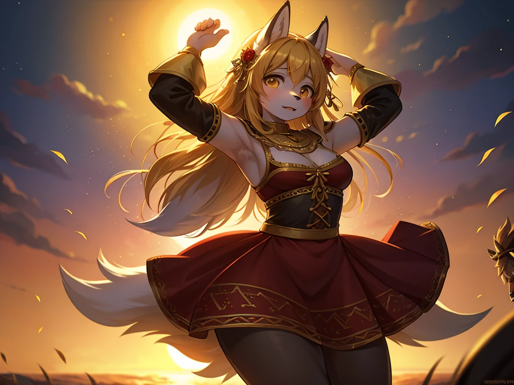 Hallucination, daydream , nightmare , bokeh , Wolves dancing in a sea of golden wheat , sun set