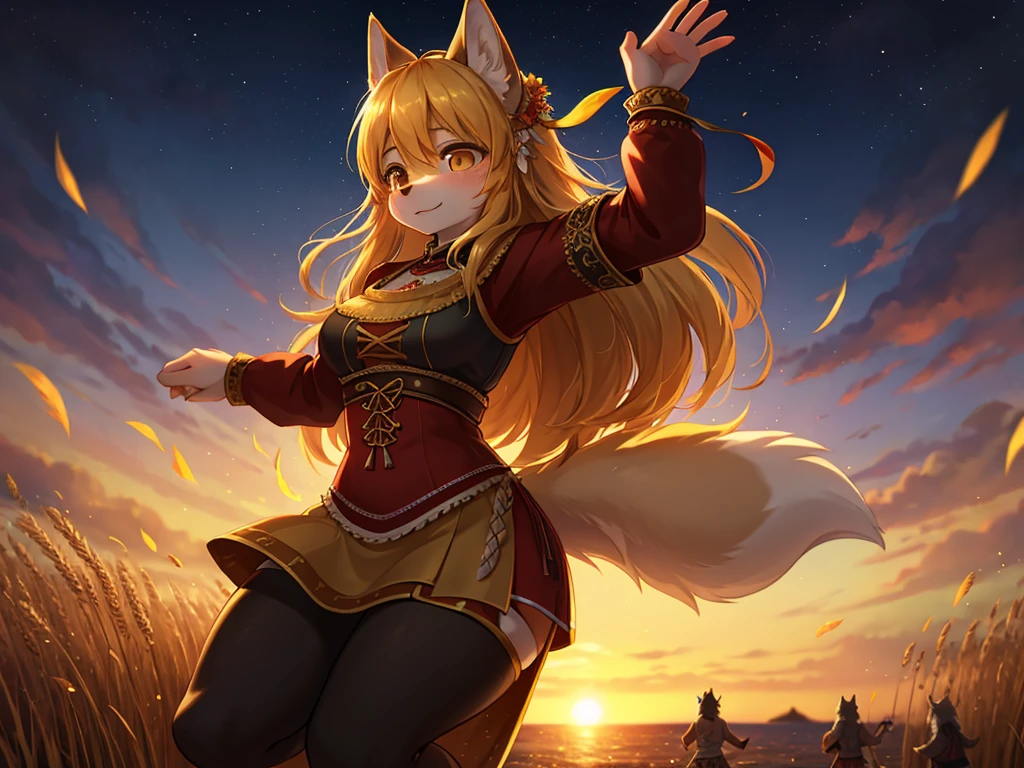 Hallucination, daydream , nightmare , bokeh , messy Wolves dancing in a sea of golden wheat , sun set , dancing blur , Clothing of peasant women in medieval Europe , Sexual freak festival