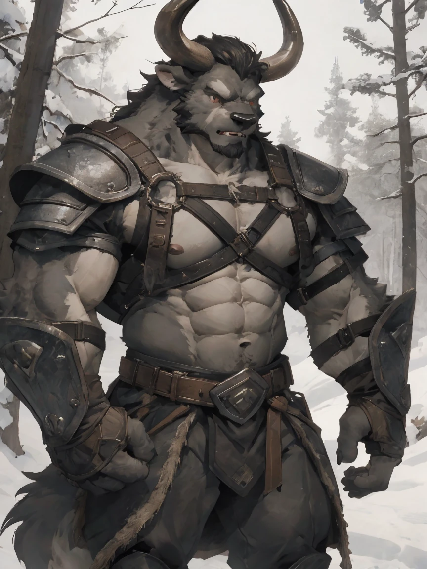 Minotaur, solo, muscular, perfect_eyes, perfect_face, abs, big_chest,wide_body, muscular_arms, winter, snow_forest_background, solo, minotaur, angry, half_body, close_up, manly, man, muscular, brown_horns, big_eyes, orange_eyes, bara_body,hyper_muscles, hyper_chest, hyper_muscular_body, huge,forest,snowy_forest, armor_pants, half_body,closeup, medieval_armor ,iron armor,armor,canines, moth_closed, angry,serious, HD, 4k, high_detailed_background, wide, wide_body, strong_body, muscular_body, visible_abs, leather_harnes, metal_armor, abs,big_pecs
