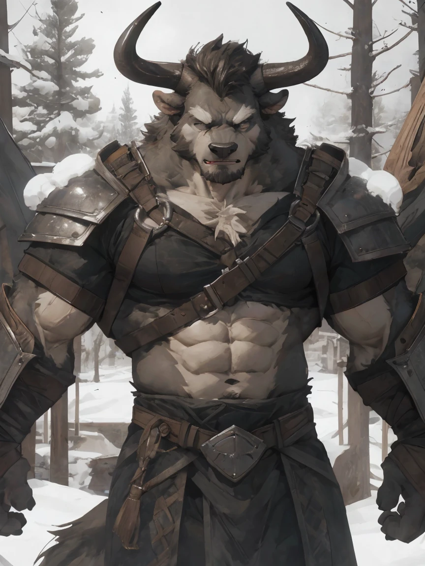 Minotaur, solo, muscular, perfect_eyes, perfect_face, abs, big_chest,wide_body, muscular_arms, winter, snow_forest_background, solo, minotaur, angry, half_body, close_up, manly, man, muscular, brown_horns, big_eyes, orange_eyes, bara_body,hyper_muscles, hyper_chest, hyper_muscular_body, huge,forest,snowy_forest, armor_pants, half_body,closeup, medieval_armor ,iron armor,armor,canines, moth_closed, angry,serious, HD, 4k, high_detailed_background, wide, wide_body, strong_body, muscular_body, visible_abs, leather_harnes, metal_armor, abs,big_pecs
