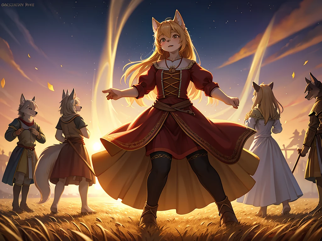 Hallucination, daydream , nightmare , bokeh , messy Wolves dancing in a sea of golden wheat , sun set , dancing blur , Clothing of peasant women in medieval Europe , Sexual freak festival
