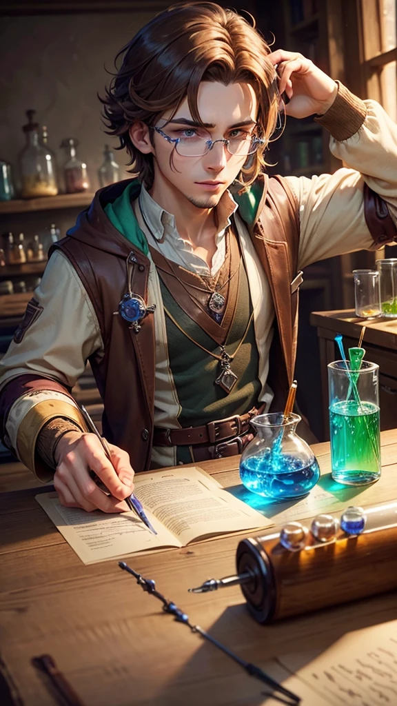 Male male brown hair alchemist botanist chemist stirring potions various test tubes Nature mixing liquids colorful potions focused intelligent researcher observer vials around experienced wise handling formulas concentrate liquid solution fluid chemistry laboratory