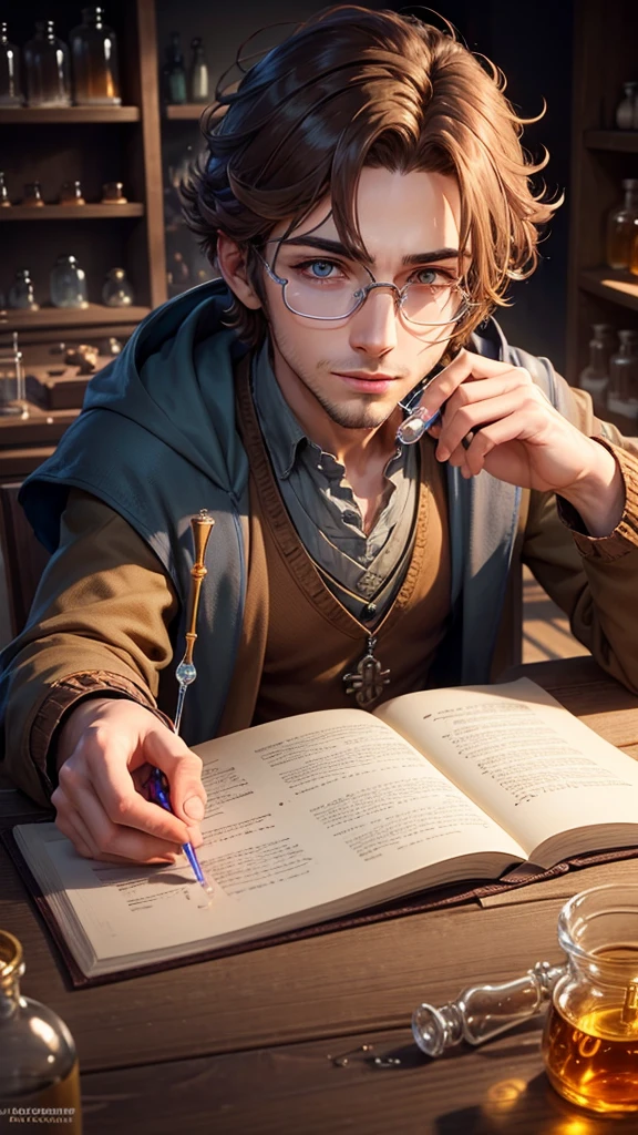 Male male brown hair alchemist botanist chemist stirring potions various test tubes Nature mixing liquids colorful potions focused intelligent researcher observer vials around experienced wise handling formulas concentrate liquid solution fluid chemistry laboratory 