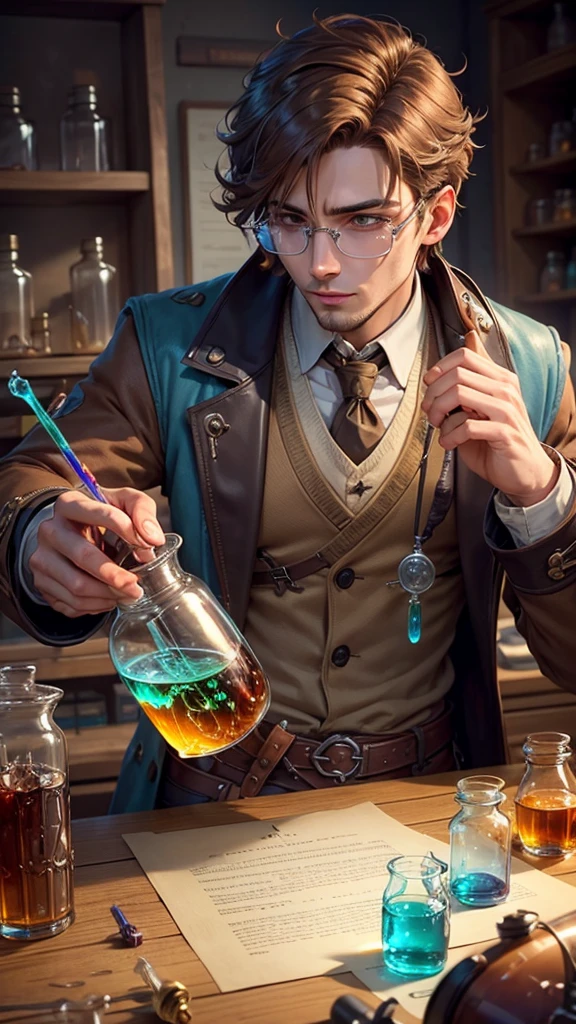 Male male brown hair alchemist botanist chemist stirring potions various test tubes Nature mixing liquids colorful potions focused intelligent researcher observer vials around experienced wise handling formulas concentrate liquid solution fluid chemistry laboratory 