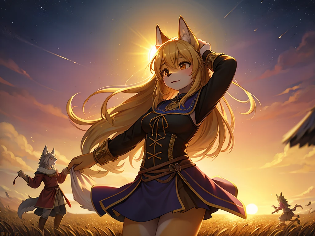 Hallucination, daydream , nightmare , bokeh , messy Wolves dancing in a sea of golden wheat , sun set , dancing blur , Clothing of peasant women in medieval Europe , Sexual freak festival