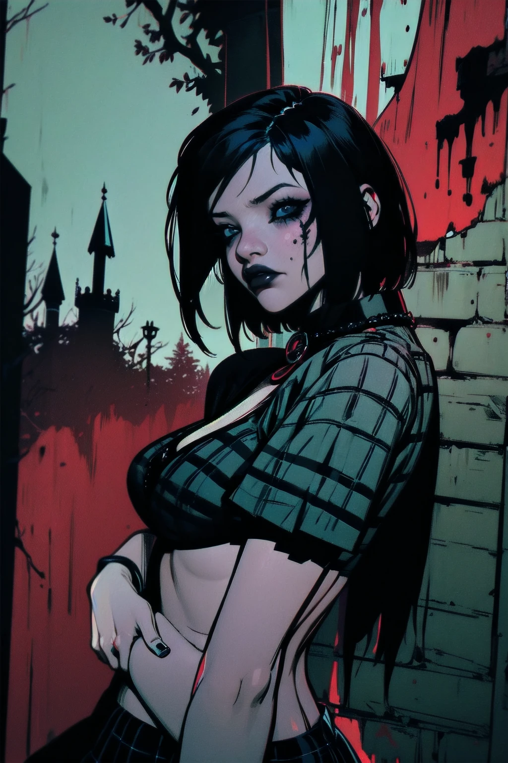 a woman with short black hair, hair on shoulders, wearing a black cropped and plaid skirt, blue eyes, zombie art, gothic art, cute aesthetic with vibe, toon aesthetic, wearing red costume, wearing gothic accessories, look like Cassie Hack, upper body, backwards, looking back, castle background