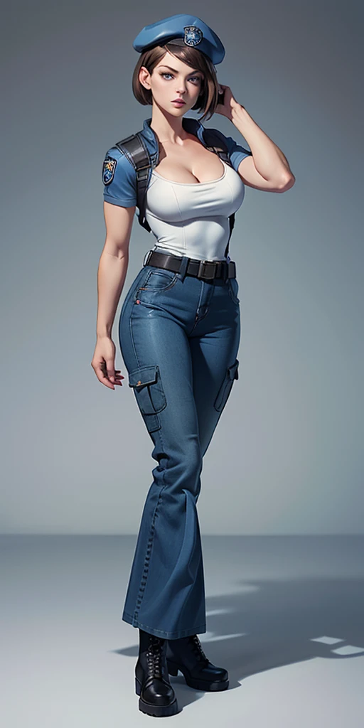 Jill Valentine, full body, masterpiece, best quality, 1girl, solo, standing, jillre1, long hair, beret, uniform, shoulder pads, short sleeves, harness, belt, bell-bottom blue pants(Wide flares on pants:1.2), cleavage, black boots, full body, perfect blue eyes, perfect red mouth,
