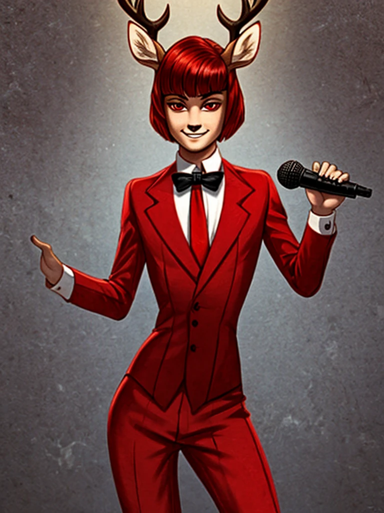  (best quality, masterpiece:1), solo, furry male, androgynous, anthro, read eyes, short hair, red hair, bob haircut, portrait, looking at viewer, deer,  creepy, scary, powerful, spooky, deer, male, face focus, thin body, thin waist, large shoulders, red suit, bow tie, red color scheme, hell, demon, radios, 1930's, 1930's style, 1930's style outfit, holding a red old microphone, (smile), (large smile), full body, karen haircut, graduated bob haircut, longer hair in the front shorter in the back, human face, realistic fur, 