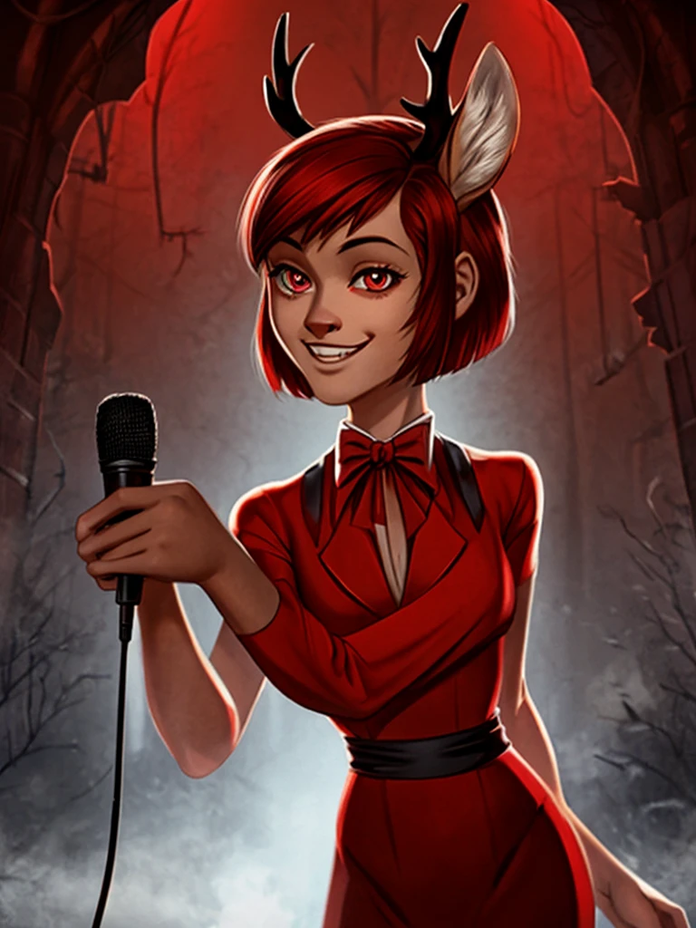 (best quality, masterpiece:1), solo, furry male, androgynous, anthro, read eyes, short hair, red hair, bob haircut, portrait, looking at viewer, deer, creepy, scary, powerful, spooky, deer, male, face focus, thin body, thin waist, large shoulders, red suit, bow tie, red color scheme, hell, demon, radios, 1930's, 1930's style, 1930's style outfit, holding a red old microphone, (smile), (large smile), full body, karen haircut, graduated bob haircut, longer hair in the front shorter in the back, human face, realistic fur,