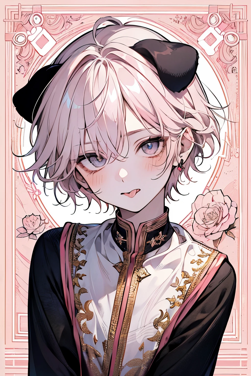 ,(((men's:1.3))),((Pale pink hair:1.3)),(Shiny marble eyes:1.45),(forehead mark),(NSFW:1.05),((very short hair:1.2)),((drooping dog ears:1.2)),(A lustrous, soft face:1.4),((blush、Open your mouth and stick out your tongue、Excited face:1.2)),((head down:1.3)),(Term drooping:1.5),((POP and cute animal footprint background:1.25)),((Gorgeous Arabian costume:1.3)),(black、yellow、white、pink),((Shrugging:1.2))