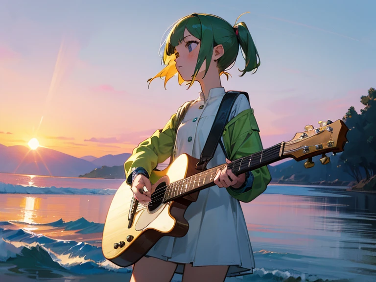 Sunset serenade by the sea,Focus on landscape,landscape painting,A girl with short green hair and M-shaped bangs tied into two small ponytails，Wearing a short white dress，Denim jacket with affectionate and sad expression,  Girl looking up to the sky while playing guitar,masterpiece of girl playing guitar,best quality,high resolution,extra limbs,Missing limbs,extra digits,Fewer numbers,Missing numbers,Missing fingers,Fusion of fingers,Deformities of hands and fingers									
