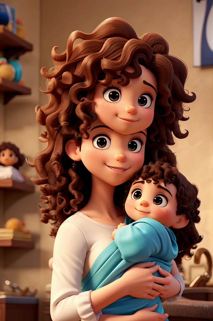 Curly-haired woman holding a baby boy, mulher segurando bebe no colo