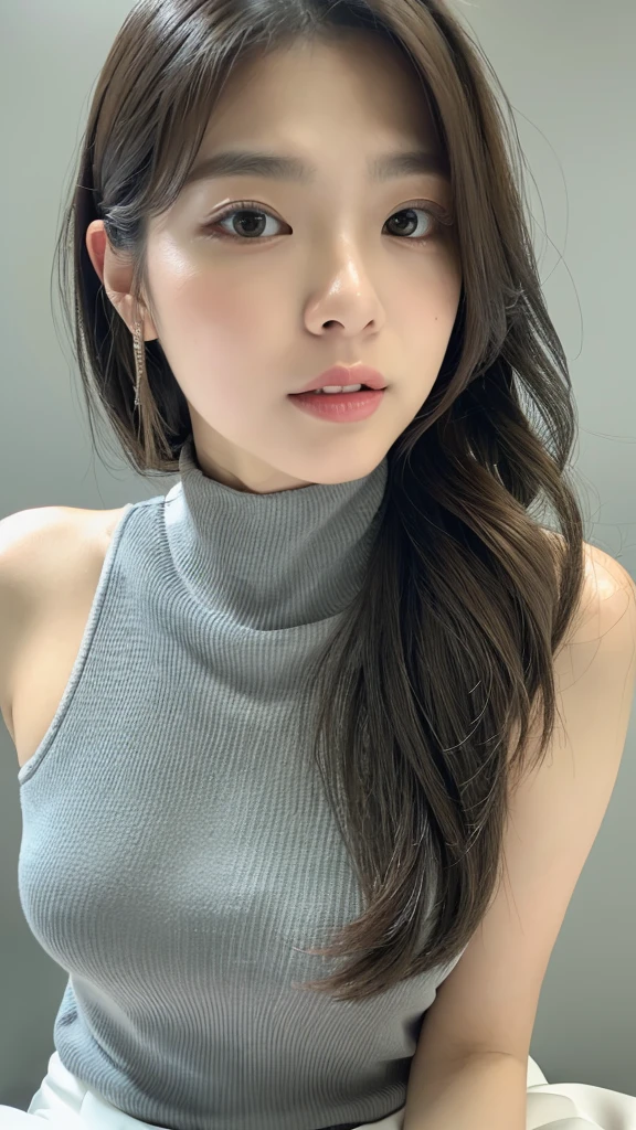 (detailed face),((crotch)),normal breasts,pretty,sleeveless and turtle neck white clothes,4k ,super high resolution ,(photo-realistic: 1.7),gray background,shoulder length hair,